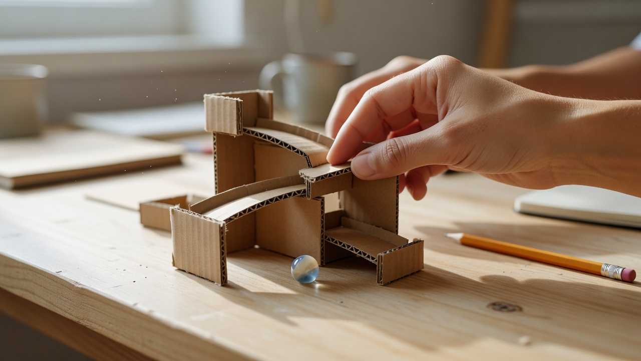 Hands assembling a small cardboard marble run beside a pencil on a naturally lit desk