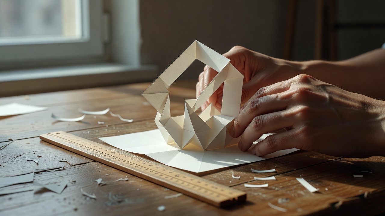Hands opening a paper pop-up mechanism beside a ruler at a naturally lit desk