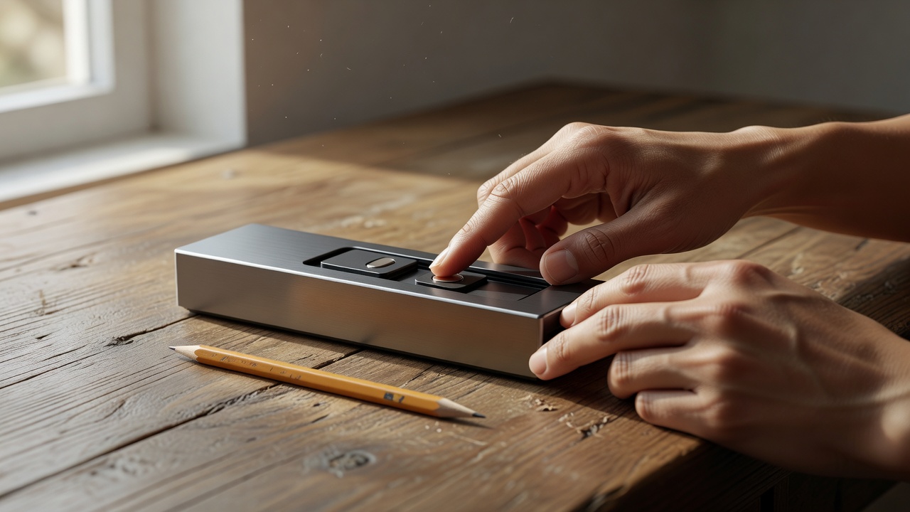 Hands testing an enclosed magnetic slider on a desk beside a pencil in natural light