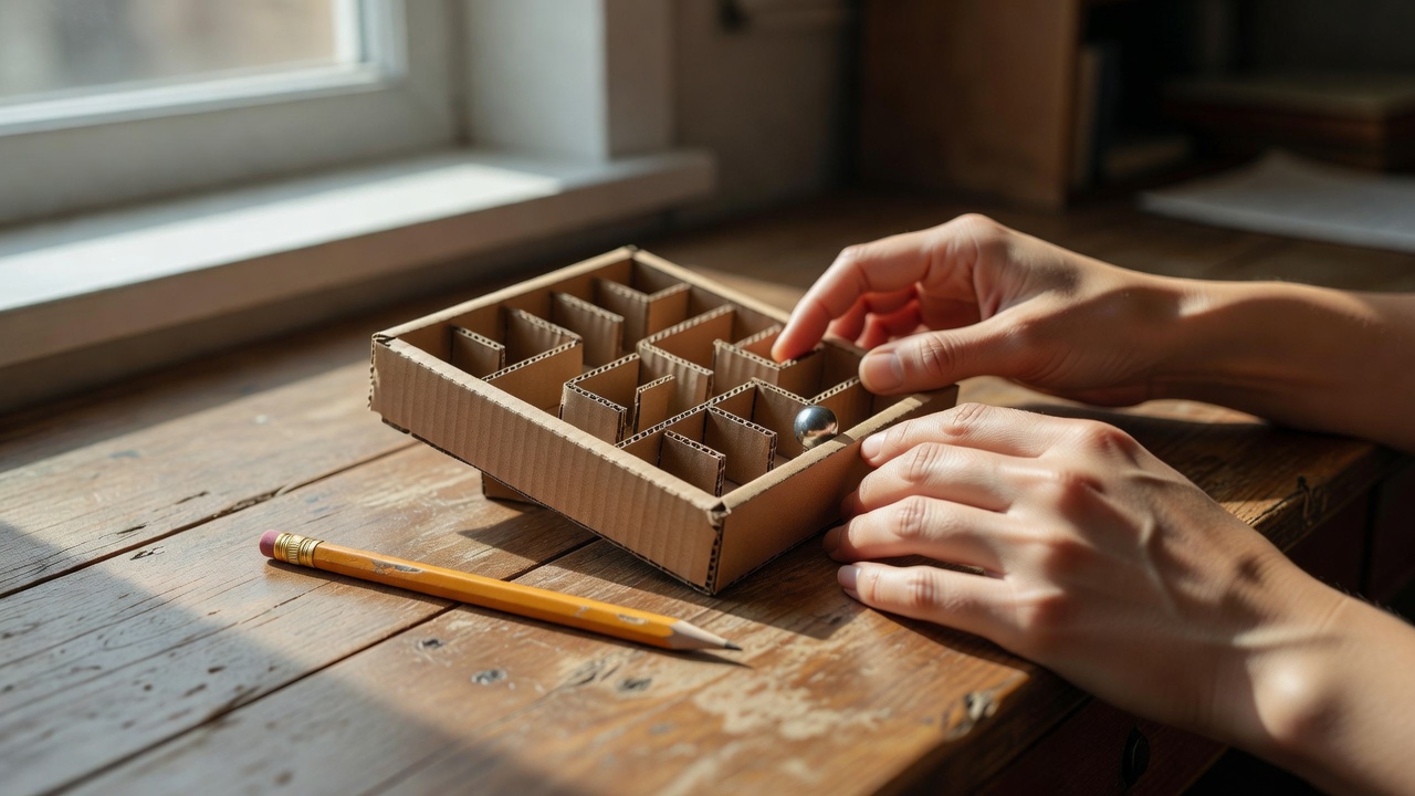 Hands gently tilting a small cardboard maze beside a pencil on a window-lit desk