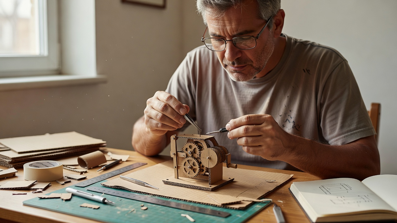 A hobbyist adjusting a miniature cardboard mechanism at an ordinary desk in window light