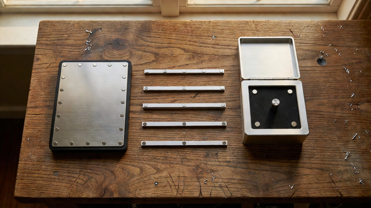 A magnetic puzzle cover, spacer strips and captive target housing laid out separately on a workbench